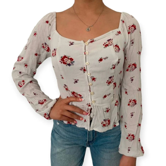 Hollister White Floral Red Button Down Square Flowy Cropped Top Women  XS - Picture 1 of 10